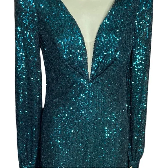 Mac Duggal 26866 Sequined Structured Bishop Sleeve Midi DressTeal Size 4 NWT - Picture 4 of 14